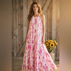 Ro’s Garden By Anthropologie Halter Ines Magenta Floral Boho Tiered Maxi Dress